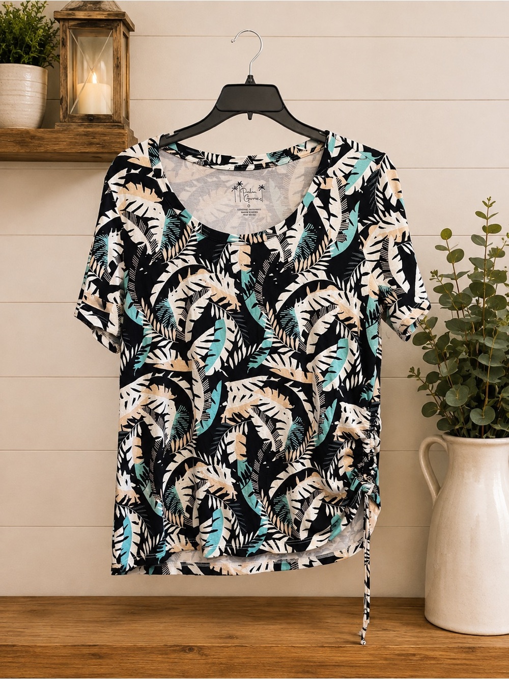 Women’s Tropical Leaf Scoop Neck Tee in Black with Teal & Cream Accents